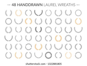 Set of 48 hand drawn laurel wreaths on white background, vector eps10 illustration