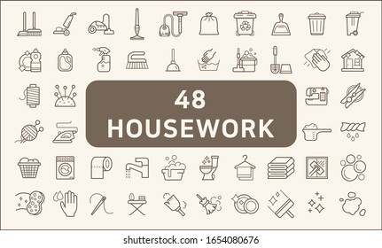 Set of 48 housework and cleaning icons line style. 
Contains such Icons as household chores, skein, broom, vacuum, wastebasket, Trash Can, liquid soap, cleaning tool and other elements.