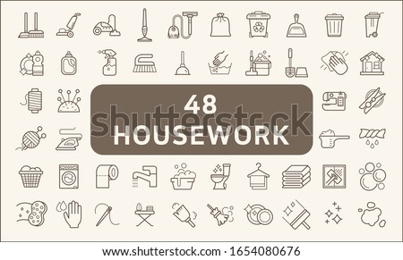 Set of 48 housework and cleaning icons line style. 
Contains such Icons as household chores, skein, broom, vacuum, wastebasket, Trash Can, liquid soap, cleaning tool and other elements.