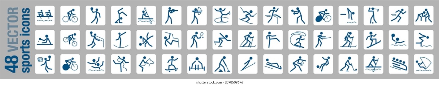 A set of 48 icons dedicated to sports and games, vector illustration in a flat