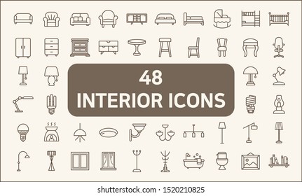 Set of 48 interior and lighting line style. 
Contains such Icons as illumination, floor lamp, candle, home decoration, chandelier, lights, furniture, bed, chair and more.