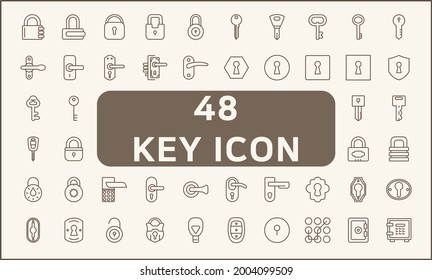 Set of 48 Key and Lock line style. Contains such icons as door handle, knob, keyhole, safety, entrance, closed, protection, private, security and other elements.