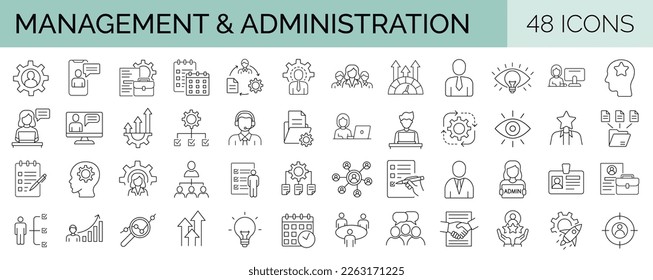 Set of 48 line icons related to management and administration. Editable stroke. Vector illustration