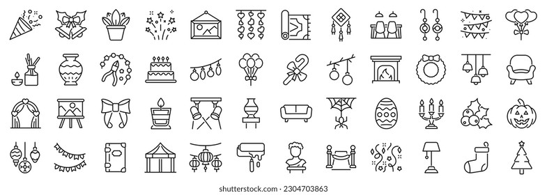 Set of 48 line icons related to home decoration, event, celerbration, decor. Outline icon collection. VEctor illustration. Editable stroke