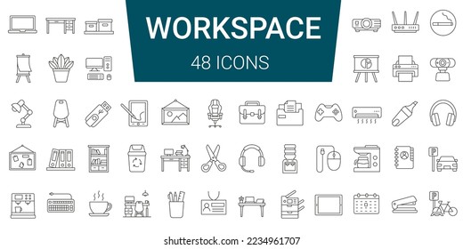 Conjunto de iconos de 48 líneas. Espacio de trabajo y oficina. Equipamiento y mobiliario. Trazo editable