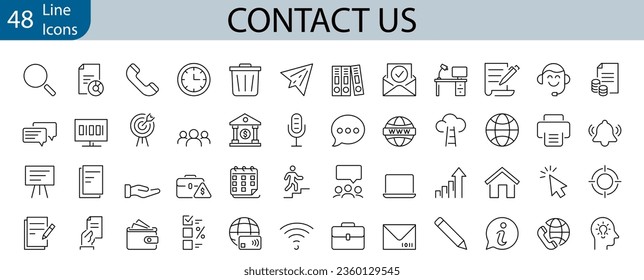 set of 48 line web icons Contact us. Support, message, phone, globe, point, chat, call, info. Collection of Outline Icons. Vector illustration.