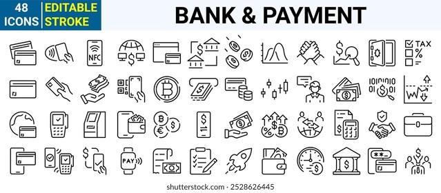 set of 48 line web icons Bank and payment. Piggy Bank, Cash, Credit Cards, Money Bag, Currency Exchange. Editable stroke.