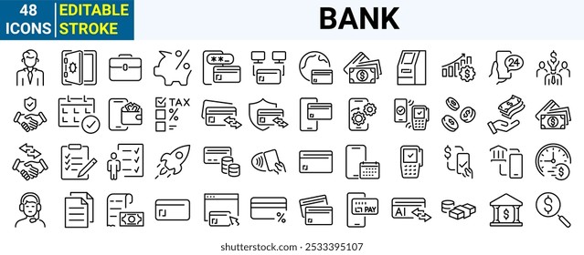 set of 48 line web icons Bank and payment. Piggy Bank, Cash, Credit Cards, Money Bag, Currency Exchange. Editable stroke.