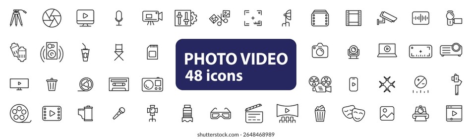 Set of 48 minimal linear icons themed around photo and video production. Includes symbols for camera, video camera, tripod, lens, diaphragm, flash, microphone, film roll, media player, memory card