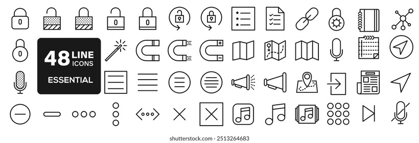 Conjunto de 48 iconos esenciales minimalistas y simples. Ilustración vectorial. Conveniente para la página del Web, App móvil, Web, impresión. Trazo editable.