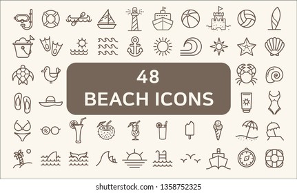 Set of 48 Ocean and Beach Vector Icons thin line style. Contains such Icons as beach ball, seaside, ocean, swimsuit, bikini, lighthouse, swimming goggles, turtle And Other Elements.