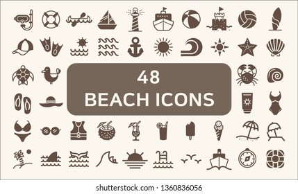 Set of 48 Ocean and Beach Vector Icons solid style. Contains such Icons as beach ball, seaside, ocean, swimsuit, bikini, lighthouse, swimming goggles, turtle And Other Elements.