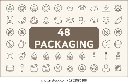 Set of 48 packaging symbol and recycling line style. Contains such icons as organic, halal, fresh, natural, vegan, zero waste, fabric And Other Elements. customize color, easy resize.