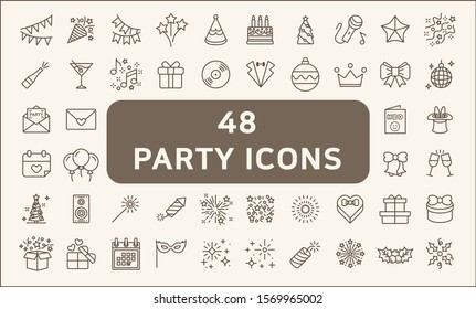 Set of 48 party and holiday Icons line style. Included the icons as balloons, birthday, music, firework, gift,decoration  and more.
customize color, stroke width control , easy resize.