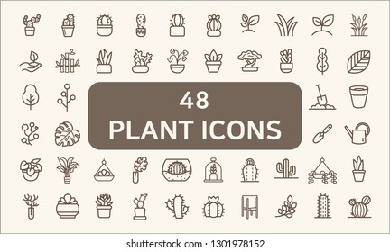 Set of 48 plant and cactus Related Vector Icons. 
Contains such Icons as succulent, blooming plant, monstera, leaf, foliage, bough, tree, houseplant, terracotta pot And Other Elements.