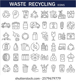 Set of 48 recycling waste line icons. Plastic bottle, biodegradable trash, landfill, paper, glass, battery, conveyor vector illustration. Outline signs about garbage recycle. Editable Stroke .Eps 10