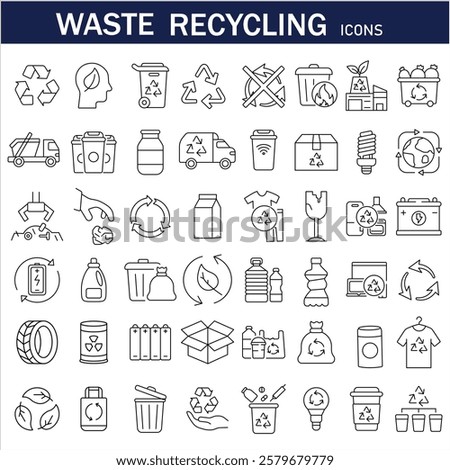 Set of 48 recycling waste line icons. Plastic bottle, biodegradable trash, landfill, paper, glass, battery, conveyor vector illustration. Outline signs about garbage recycle. Editable Stroke .Eps 10