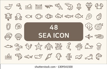 Set of 48 sea life and ocean Vector Icons.
Contains such Icons as Nautical Creatures , sea food, sea, ocean, fish, coral, sea horse, seaweed, turtle And Other Elements.
