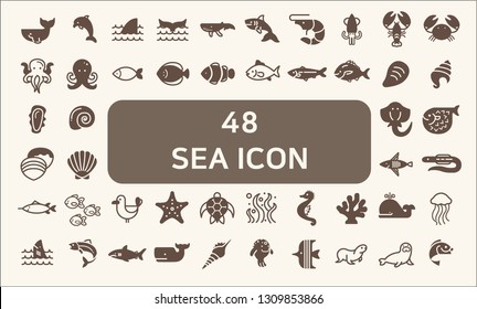Set of 48 sea life and ocean Vector Icons.solid style. 
Contains such Icons as Nautical Creatures , sea food, sea, ocean, fish, coral, sea horse, seaweed, turtle And Other Elements.