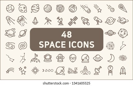 Set of 48 space and planet Vector Line Icons, thin line style.Contains such Icons as space, planet, alien, solar, astronaut, technology, space travels, stars, exploration And Other Elements.