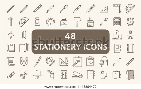 Set of 48 stationery\
and education Icons line style. \
Contains such Icons as pencil,\
paper clip, calculator, notebook, draw, scissors, book, ruler And\
Other Elements. \
