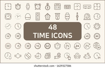 Set of 48 time and clock Icons line style. 
Contains such Icons as stopwatch, alarm, clock, sand glass, timer and more.
customize color, stroke width control , easy resize.