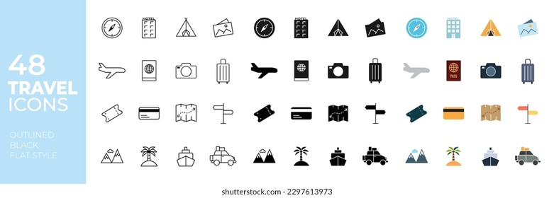 Set of 48 travel icons. Thin line, black and flat style.