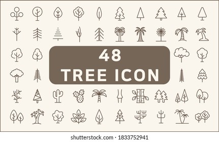 Conjunto de 48 iconos de estilo de línea de árbol y naturaleza. Contiene íconos como exteriores, otoño, bosque, evergreen, pinos, parque, vegetación y otros elementos. personalizar color.