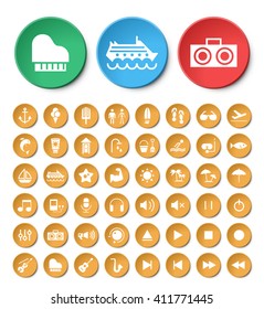 Set of 48 Universal Beach and Music Icons. Isolated Elements.
