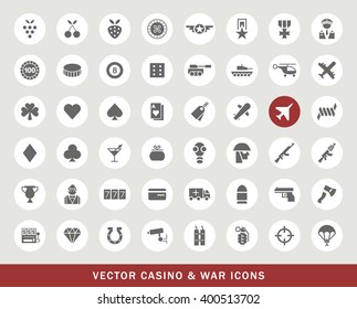 Set of 48 Universal Casino and War Icons. Isolated Elements.