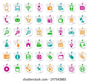 Set of 48 Universal Colored Flat Simple Funny Multimedia Icons on Notepaper.