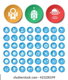 Set of 48 Universal Space Icons on Circular Buttons on White Background. Isolated Elements.