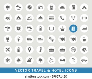 Set of 48 Universal Travel and Hotel Icons. Isolated Elements.