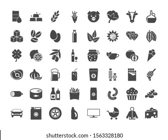 Set Of 48 Vector Icons Of Consumer Goods, Basic Necessities, Food, Raw Materials, Agricultural Products, Animal Products, Minerals, Semi-finished Products.