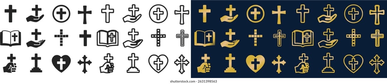 Set of 48 vector illustrations of Christian crosses and contains a cross sign, a hand holding a cross, a heart with a cross, and a book with a cross on a white and navy background.
