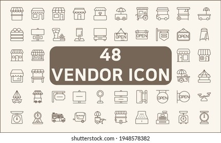Set of 48 vendor and store line style. Contains such icons as shop, sign board, shopping, street food, vendor booth, food cart, market And Other Elements. customize color, easy resize.