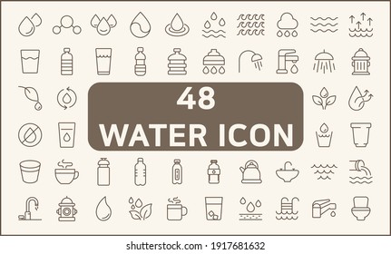 Set of 48 water and drinks Icons line style. Contains such Icons as glasses, bathroom, faucet, shower, cup, kettle And Other Elements.