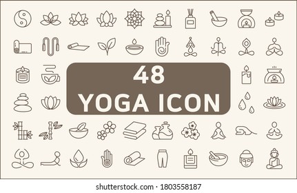 Set of 48 yoga and spa icons line style. It contains such Icons as wellness, pose, beauty, peace, therapy and other elements. customize color, stroke width control , easy resize.