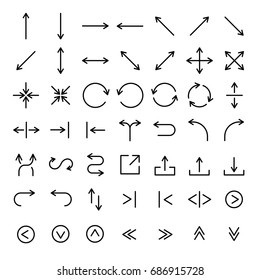 Set of 49 arrow thin line icons. High quality pictograms of direction. Modern outline style icons collection. Recycle, forward, backward, next, traffic, etc.