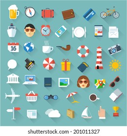 Set of 49 minimal travel map icons. Vector.