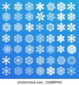 Set of 49 snowflakes on a blue background