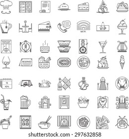 Set of 49 thin line vector icons for restaurant. Food menu, serving, interior, entertainment and other services for business and website