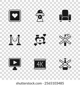 Set 4k movie, No smoking, alcohol, Romantic, Cinema chair, Like heart, Science fiction and Rope barrier icon. Vector