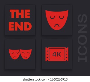 Set 4k movie, tape, frame , The End handwritten inscription , Drama theatrical mask  and Comedy and tragedy theatrical masks  icon. Vector