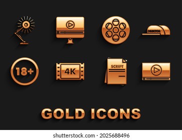 Set 4k movie, tape, frame, Cap with inscription director, Online play video, Scenario, Under 18 years, Film reel, Table lamp and  icon. Vector