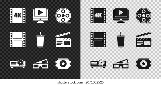 Set 4k movie, tape, frame, Online play video, Film reel, Movie, film, media projector, 3D cinema glasses, Cinema ticket, Play Video and Paper with water icon. Vector