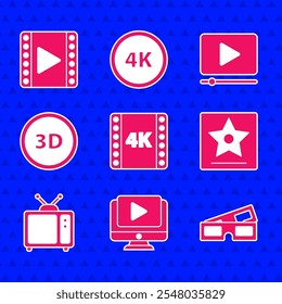 Set 4k movie, tape, frame, Online play video, 3D cinema glasses, Hollywood walk of fame star, Retro tv, word,  and Play Video icon. Vector