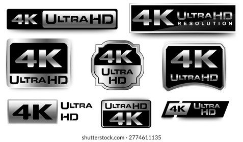 Set of 4K Resolution Ultra high definition logo icon with silver and black. vector