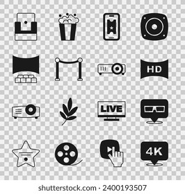 Set 4k Ultra HD, 3D cinema glasses, Hd movie, tape, frame, Buy ticket online, Rope barrier, Cinema auditorium with screen, chair and Movie, film, media projector icon. Vector