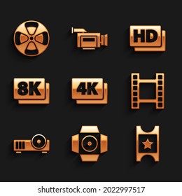 Set 4k Ultra HD, Movie spotlight, Cinema ticket, Play Video, Media projector, 8k, Hd movie, tape, frame and Film reel icon. Vector